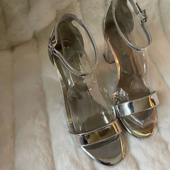 worthington metallic silver ankle straps block heels open toe size 9.5 - Picture 3 of 10